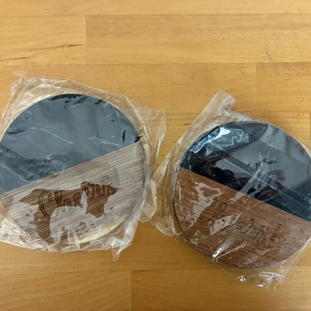 charcuterie board acacia and slate w/ 4 metal cheese knives & 2 coasters